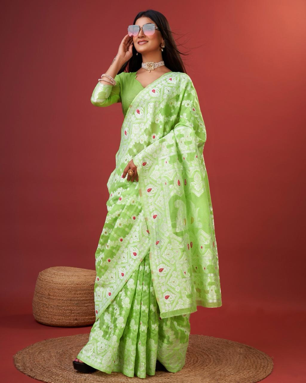 Kenvi Pista Banarasi Silk Saree