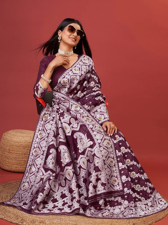 Kenvi Wine Banarasi Silk Saree