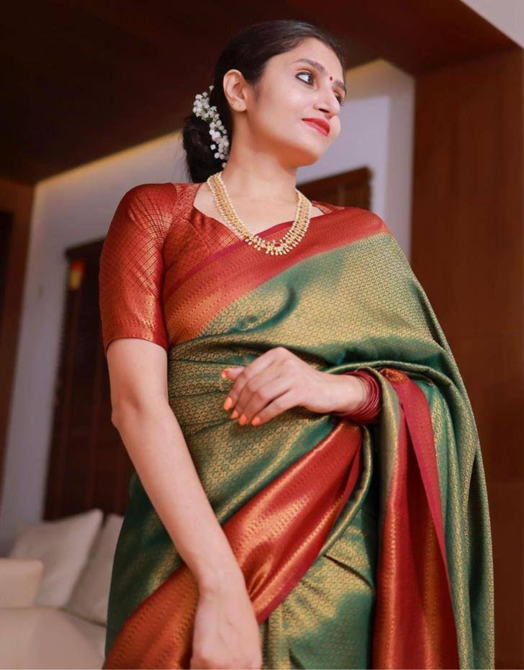 Meera Green-Red Kanchipuram Silk Saree