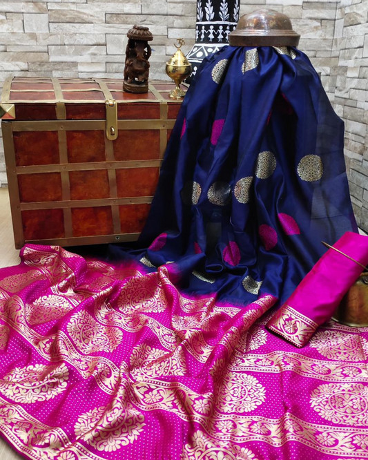 Meghavi Blue Soft Silk Saree With Attached Blouse