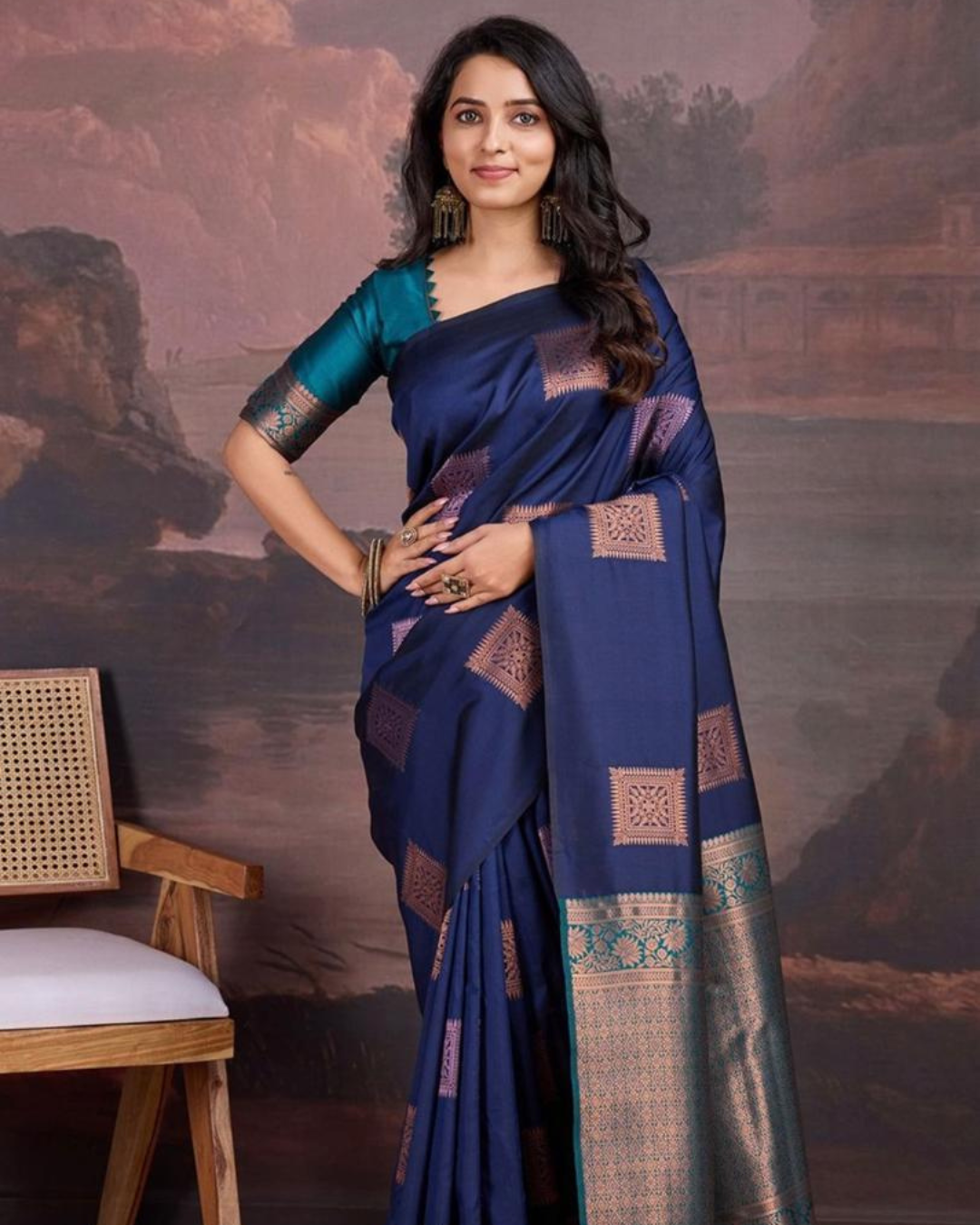 Liyana - Navy Blue Soft Silk Saree with Woven Squares