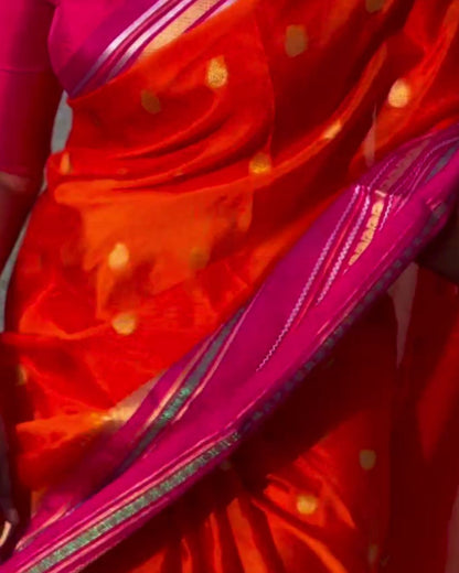 Neelima - Red Orange Soft Silk Saree with Zari Butta Border