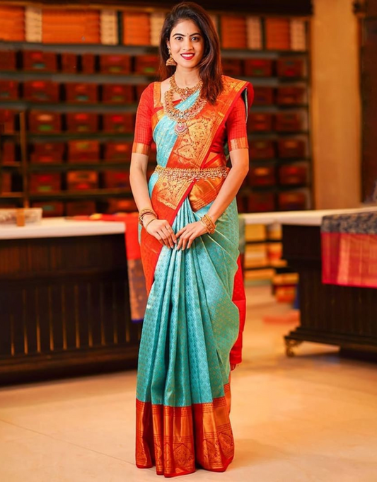 Tara Turquoise Green-Red Kanchipuram Soft Silk Saree