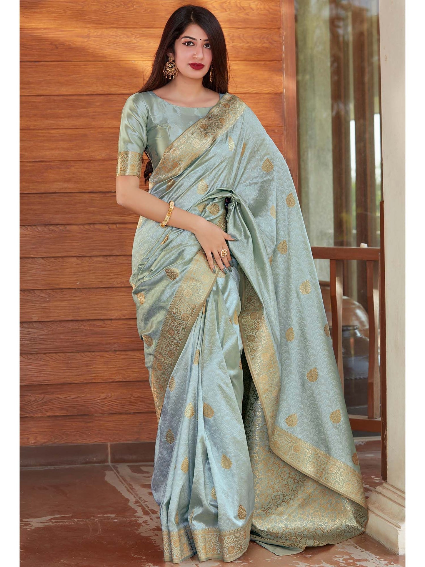 Omee Grey-Olive Banarasi Silk Saree