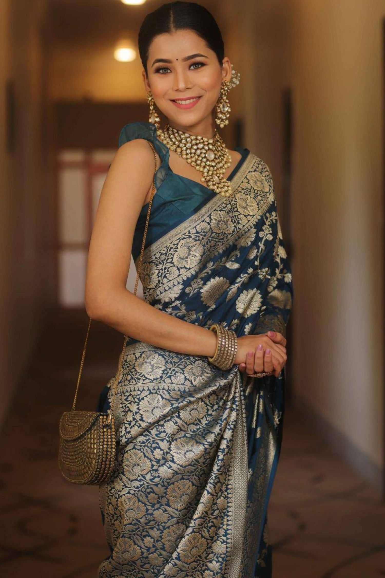 Burnished Sunbeam - Blue Lichi Soft Silk Saree