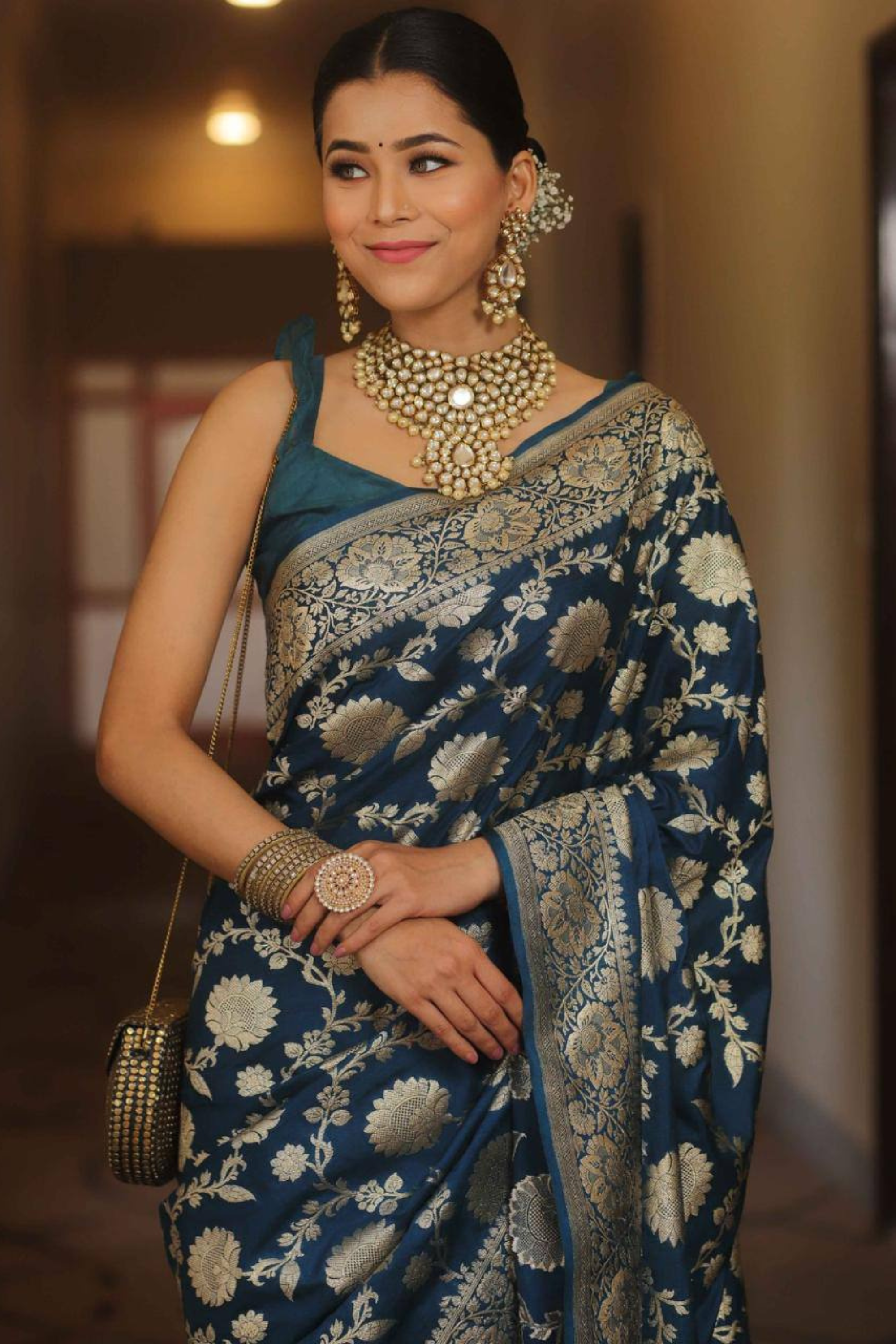 Burnished Sunbeam - Blue Lichi Soft Silk Saree