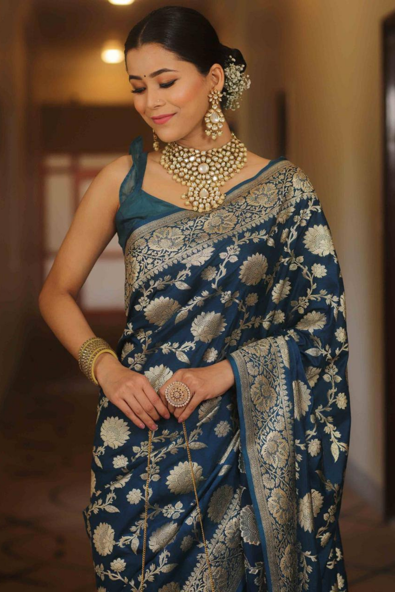 Burnished Sunbeam - Blue Lichi Soft Silk Saree