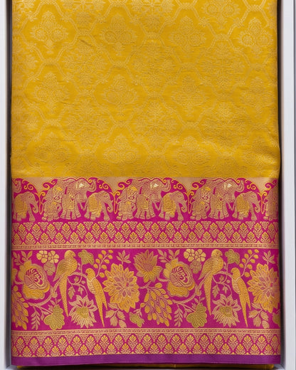 Harvi - Mustard Yellow Banarasi Soft Silk Saree