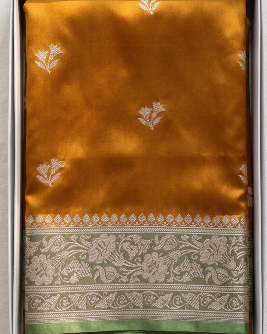 Harini - Mustard Maroon Floral Silver Zari Border Saree