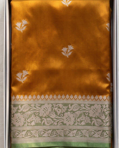 Harini - Mustard Maroon Floral Silver Zari Border Saree