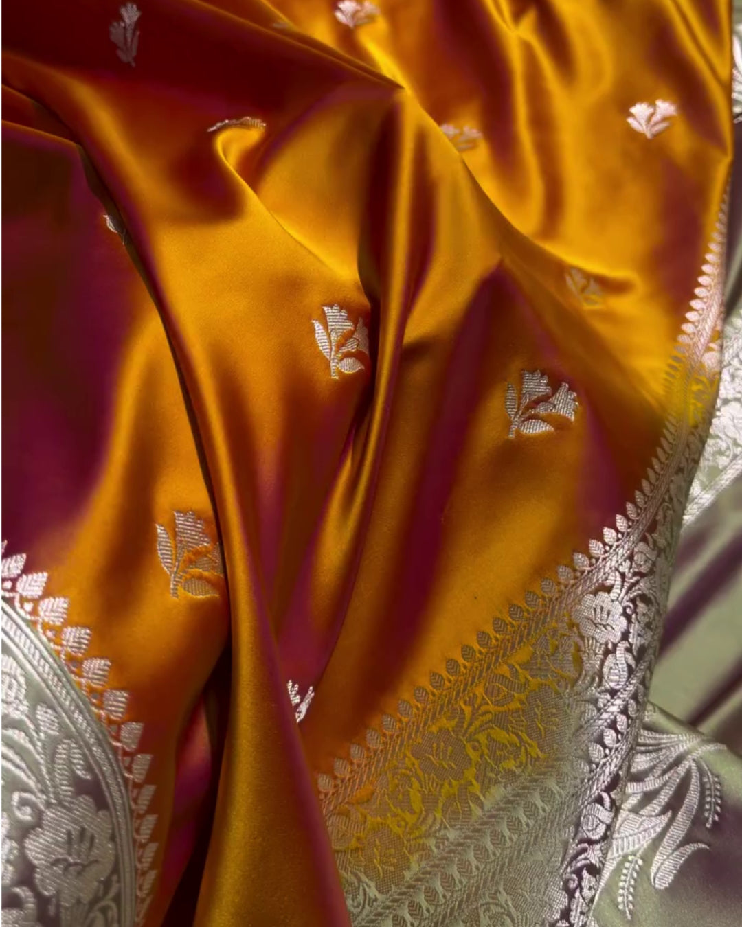 Harini - Mustard Maroon Floral Silver Zari Border Saree