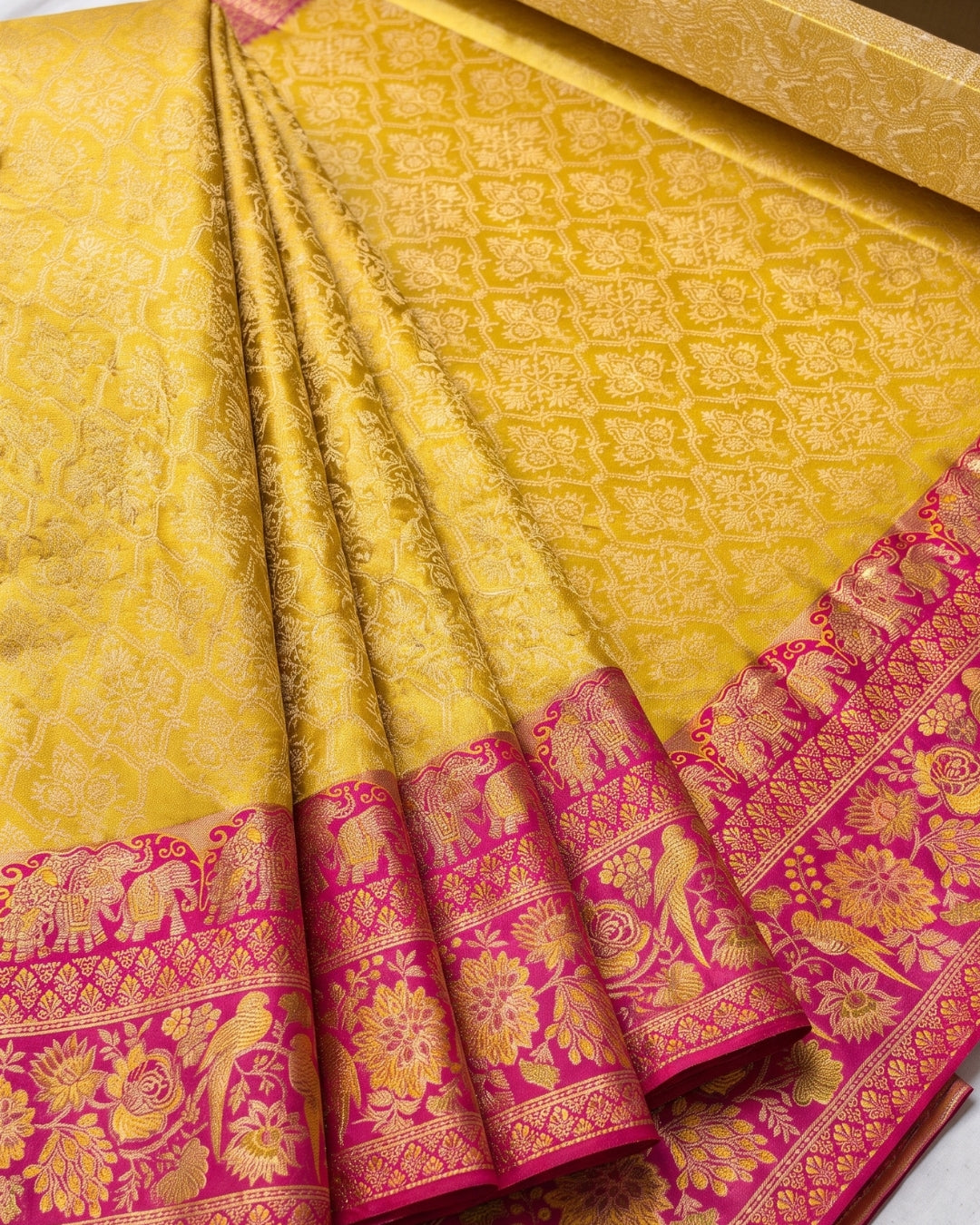 Harvi - Mustard Yellow Banarasi Soft Silk Saree