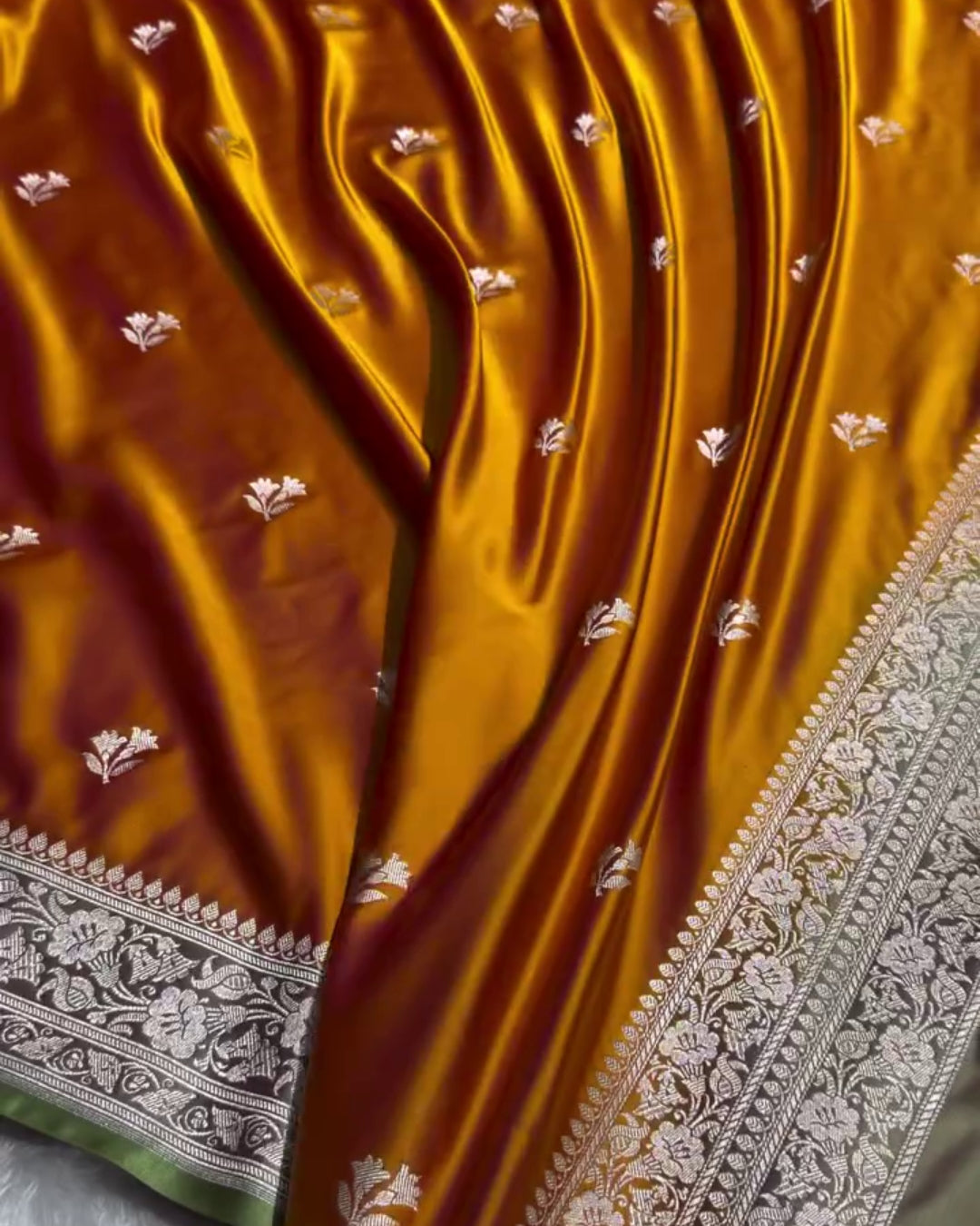 Harini - Mustard Maroon Floral Silver Zari Border Saree
