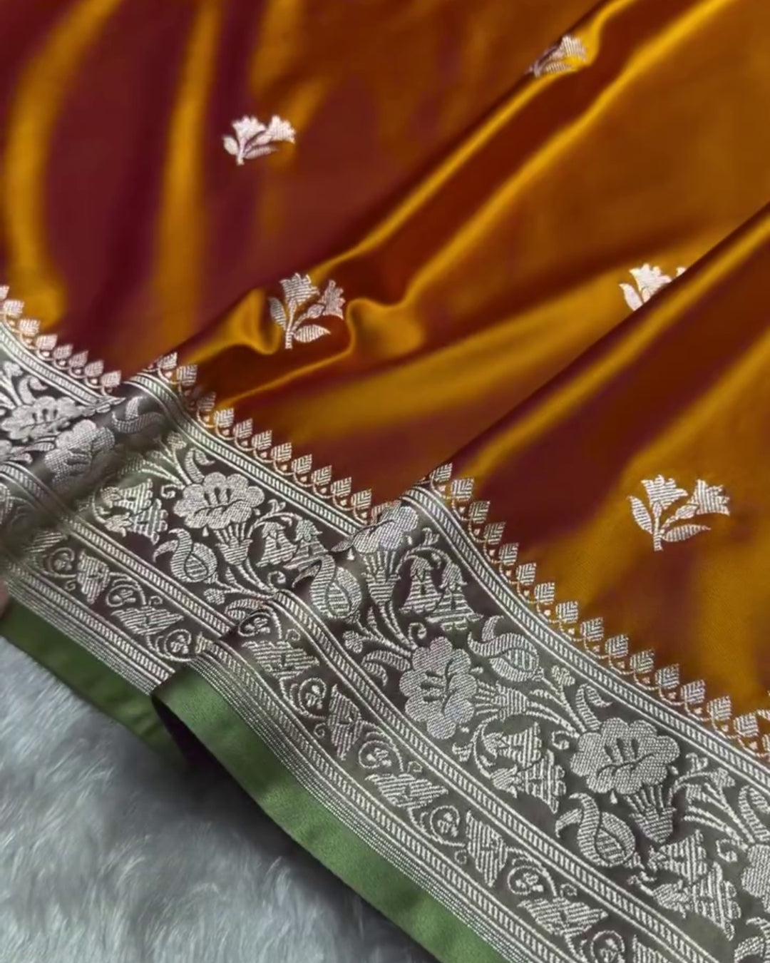 Harini - Mustard Maroon Floral Silver Zari Border Saree