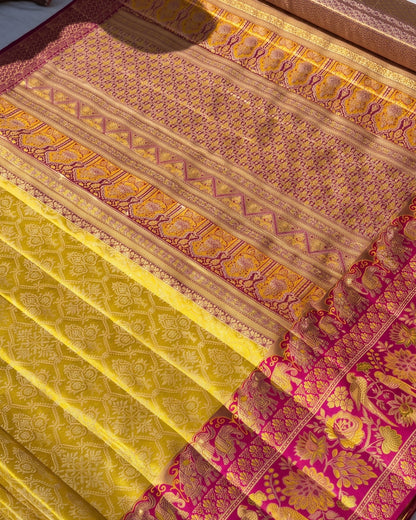 Harvi - Mustard Yellow Banarasi Soft Silk Saree
