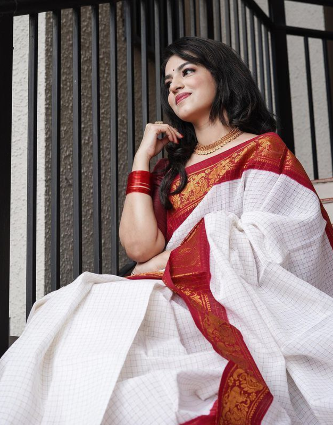 Richa White-Red Kanchipuram Silk Saree 