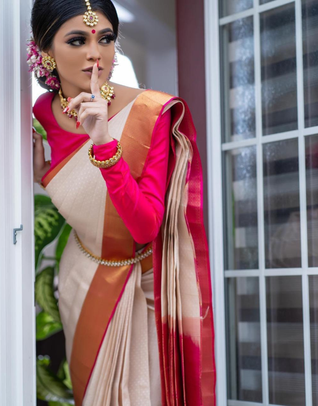 Shalu White-Pink Banarasi Silk Saree