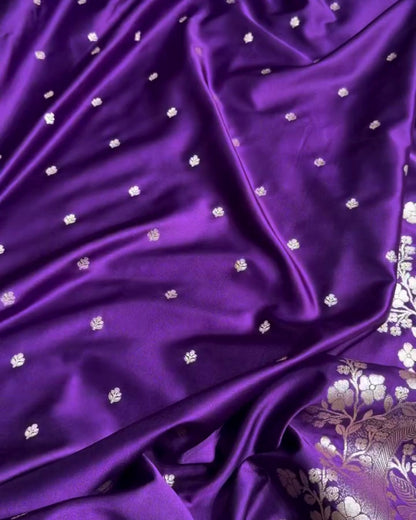 Niyara - Purple Banarasi Satin Saree with Zari Floral Border