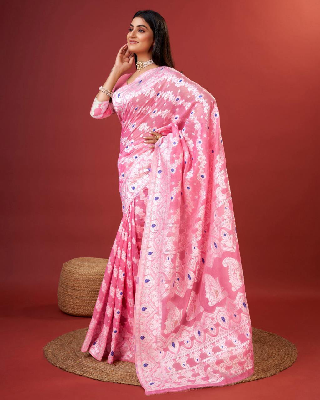 Kenvi Pink Banarasi Silk Saree