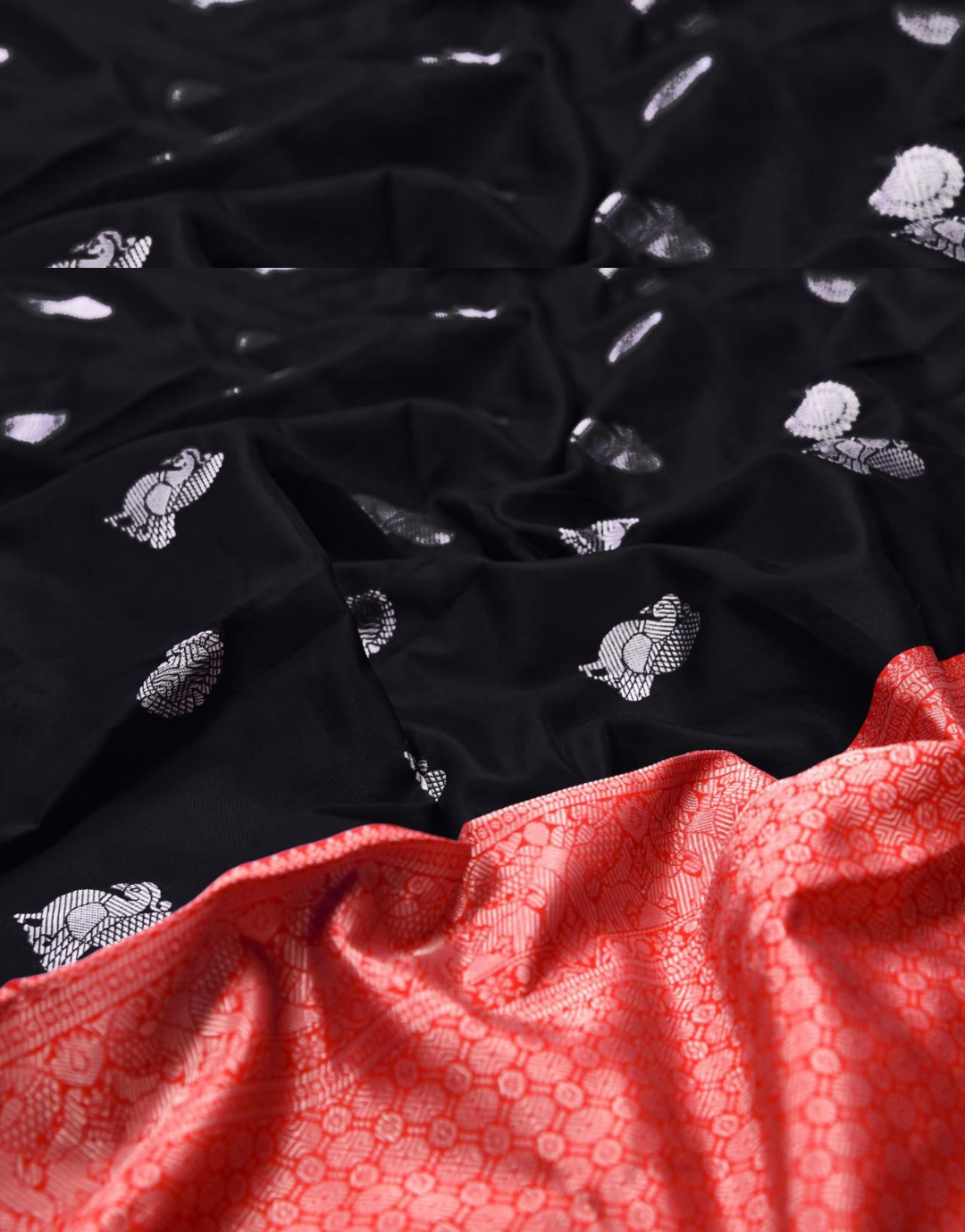 Black-Red Style Traditional Soft Silk Sari With Attached Blouse