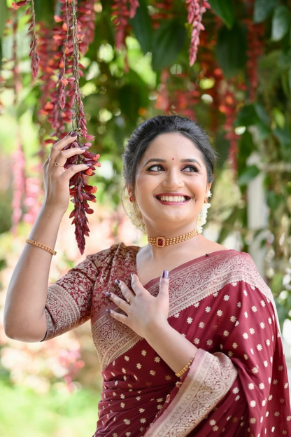 Meadow Breeze - Red Banarasi Soft Silk Saree