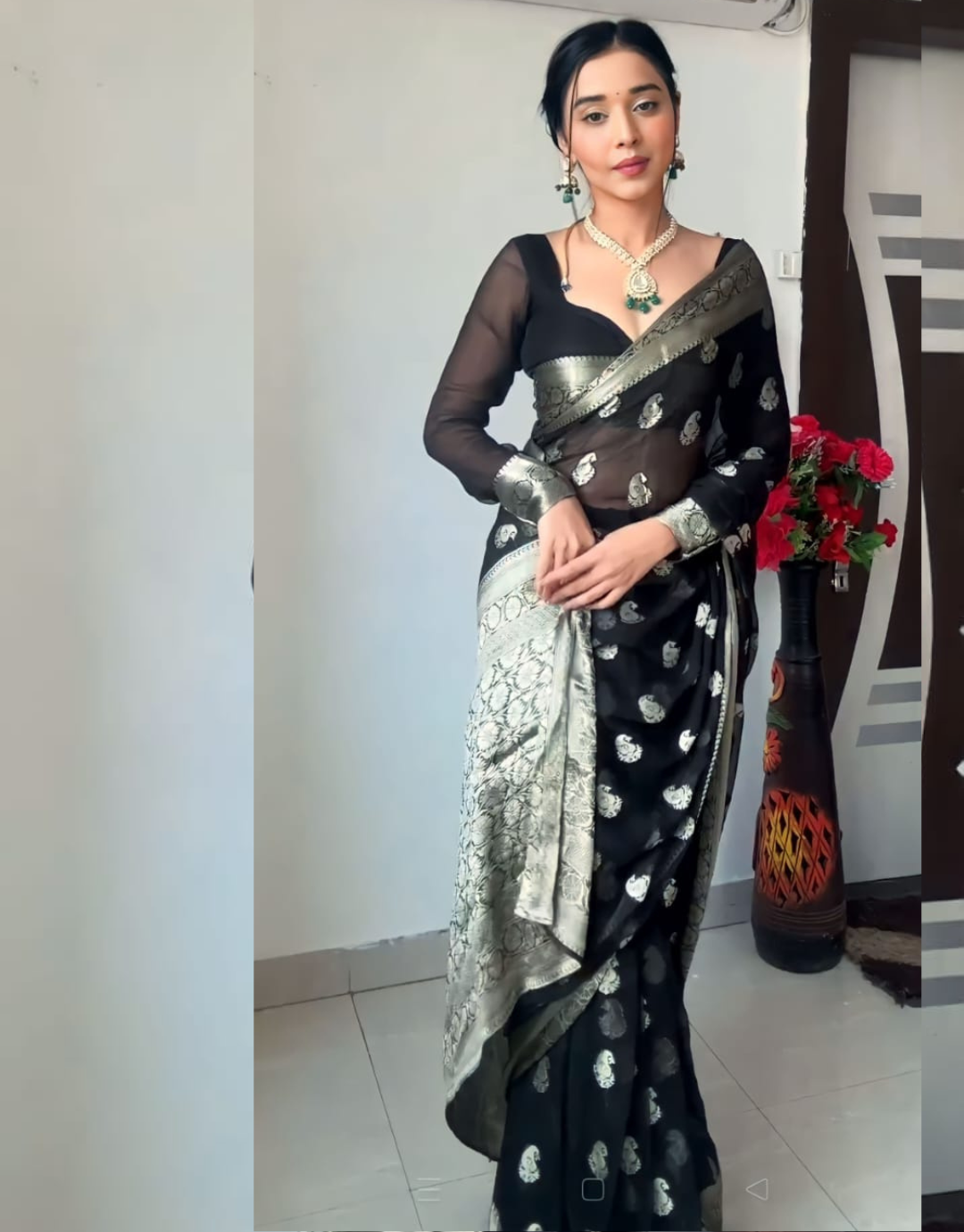 Ruchika Black Just One Minute Ready To Wear Soft Lichi Silk Saree with Attractive Blouse