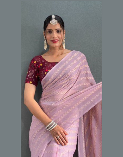 Lata Light Pink Georgette Silk Saree With Embroidery Blouse