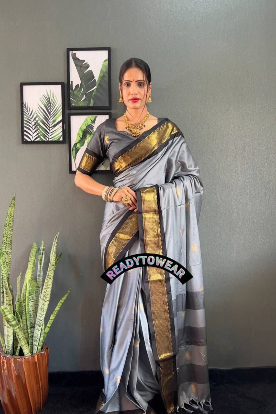 Vintage Echo - Grey Lichi Soft Silk Saree