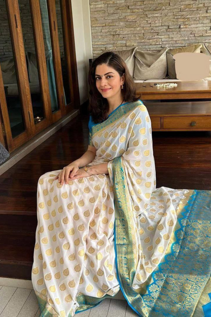 Starry Horizon - Sky-White Lichi Soft Silk Saree