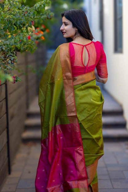 Fern Symphony - Green-Red Lici Soft Silk Saree