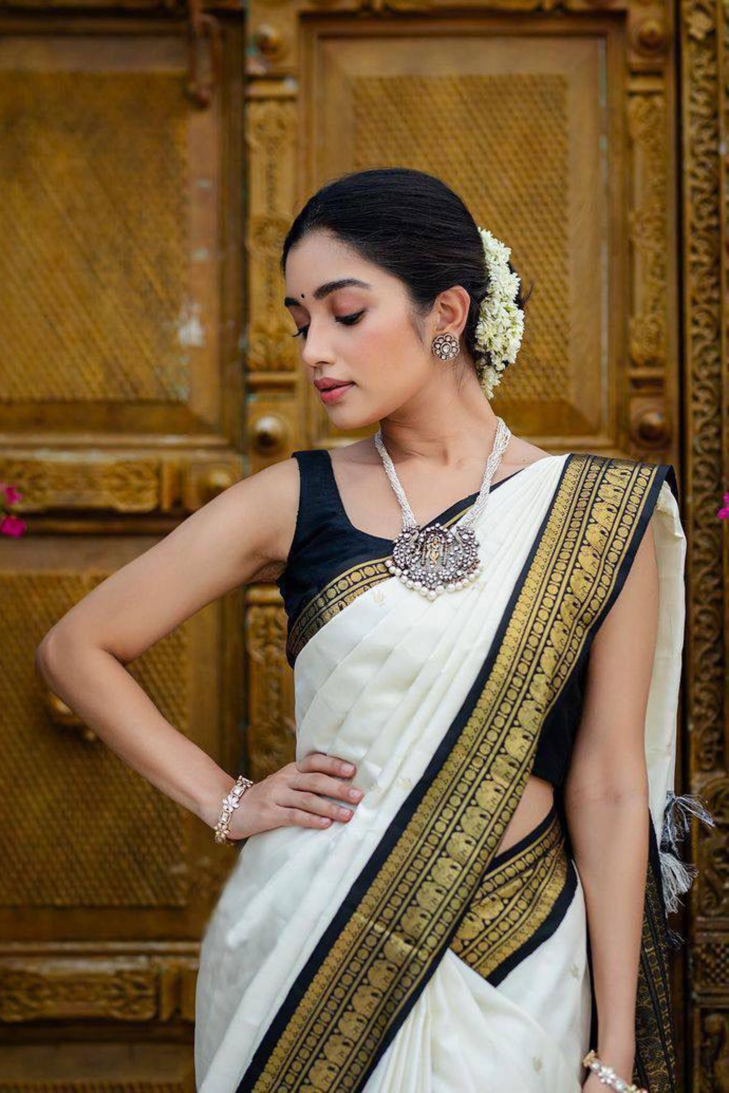 Shimmering Gold - White Lichi Soft Silk Saree