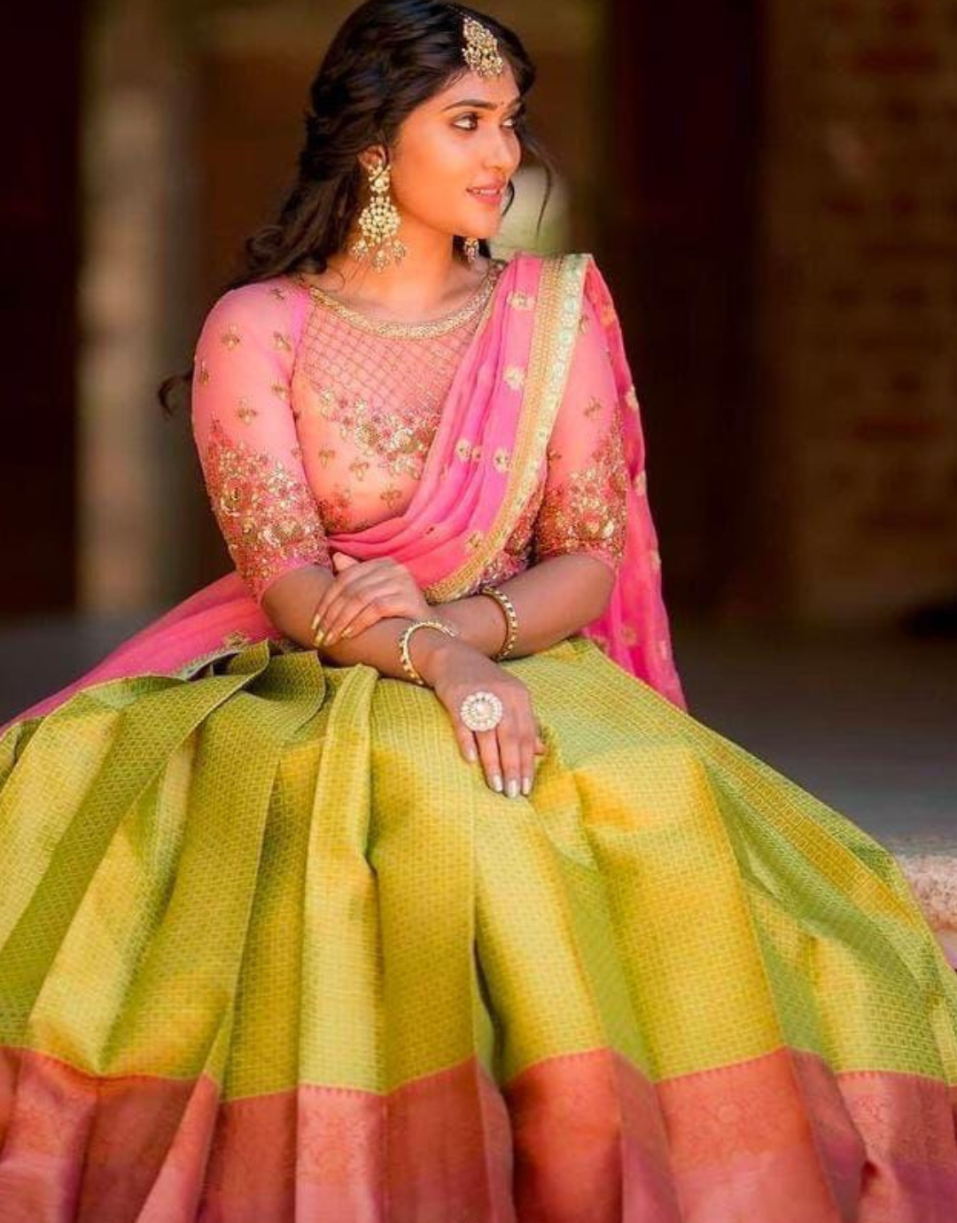 Manvi Yellow-Pink Kanchipuram Lahengha Choli