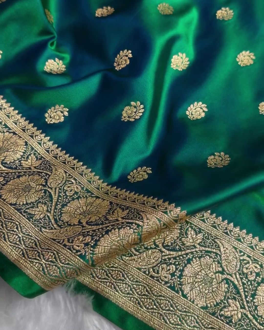 Soumya - Green Banarasi Silk Saree with Floral Zari Border