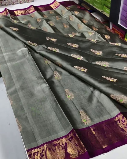 Ritisha - Sage Green Silk Blend Saree with Contrast Zari Border