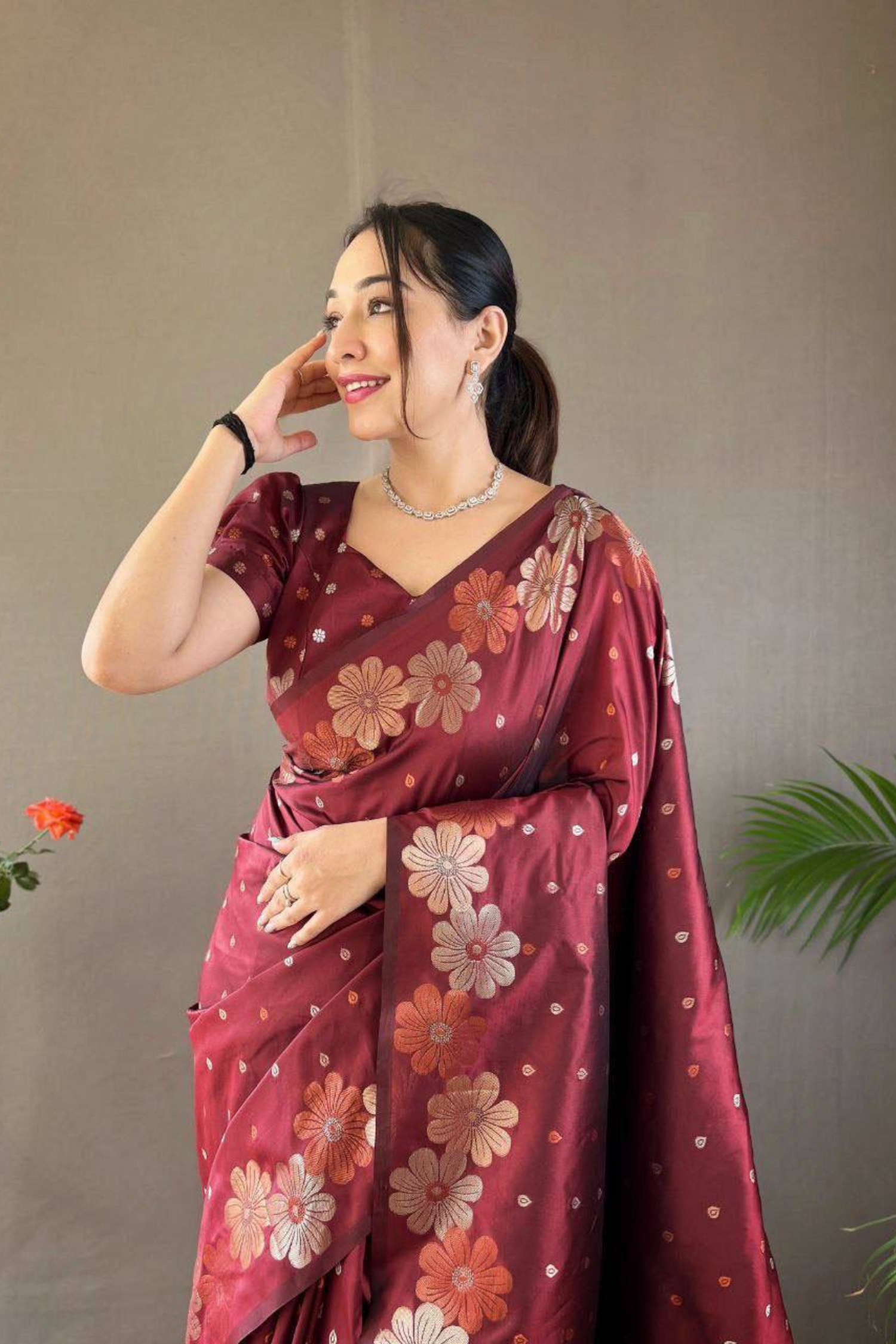 Rosette Bloom - Maroon Satin Silk Saree