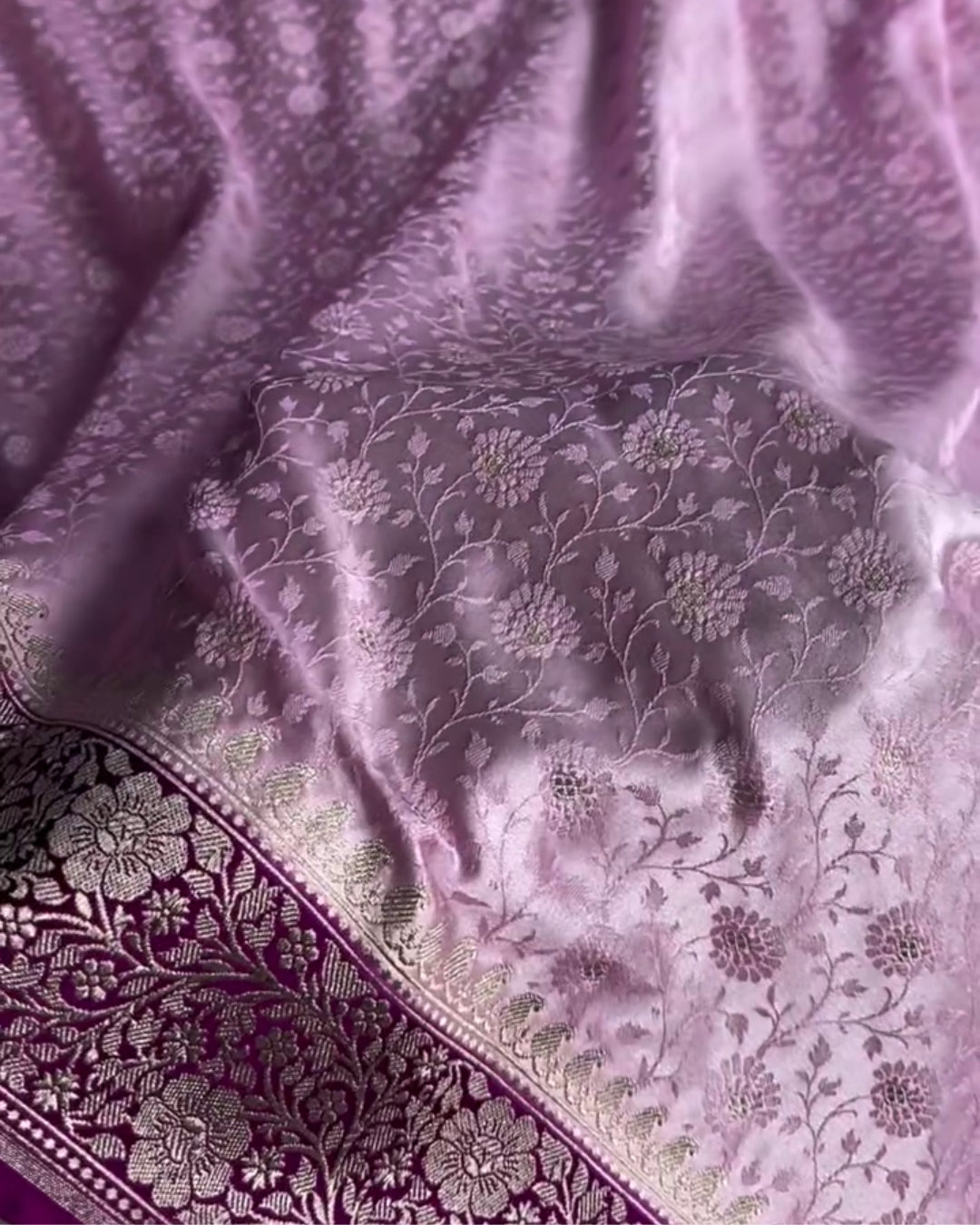 Avanti - Lavender Floral Banarasi Style Saree With Wine Border