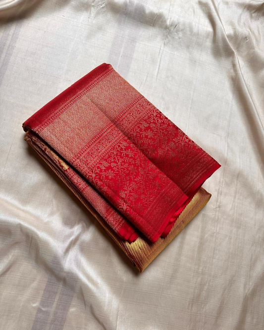 Saanvi - Golden Yellow Kanjivaram Saree with Red Border