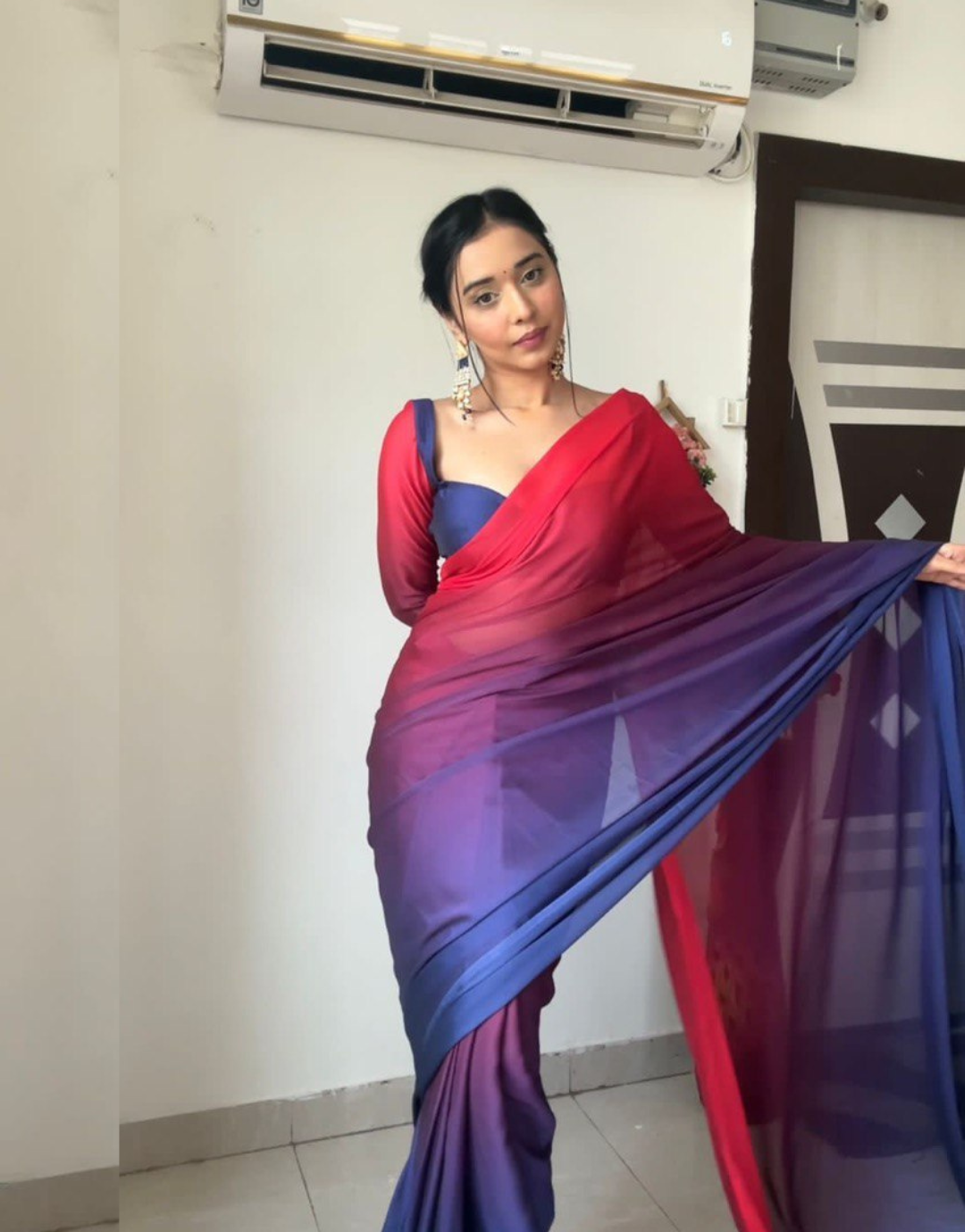 Piyu Pink And Blue 1-Minute Ready To Wear Soft Silk Saree