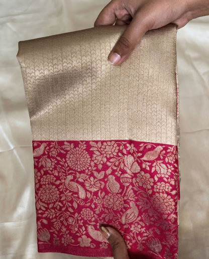 Abhilasha - Cream Kanchi Semi Soft Silk Saree With Magenta Zari Border