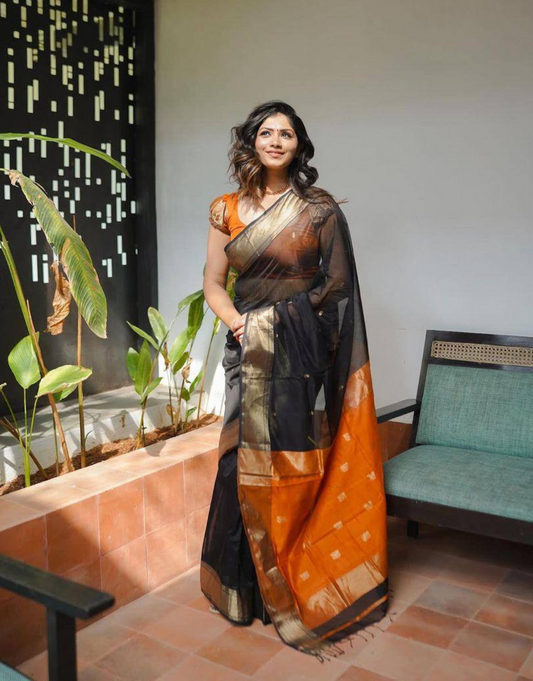 Kala Black-Orange Cotton Silk Saree