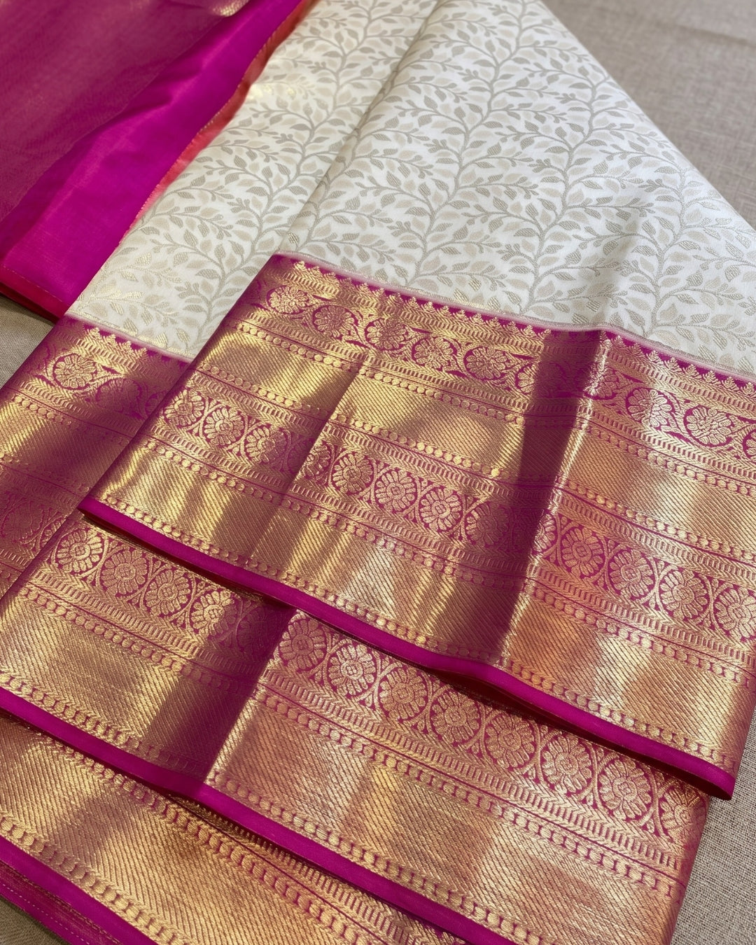 Aaradhya - Ivory Silk Saree With Pink Border