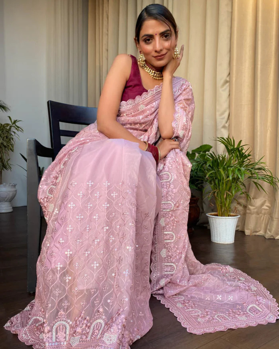 Blush Serenity - Embroidered Net Sare