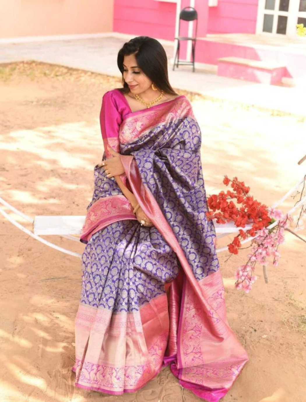 SARTHI BLUE PINK TRADITIONAL SOFT SILK SAREE WITH ATTACHED BLOUSE