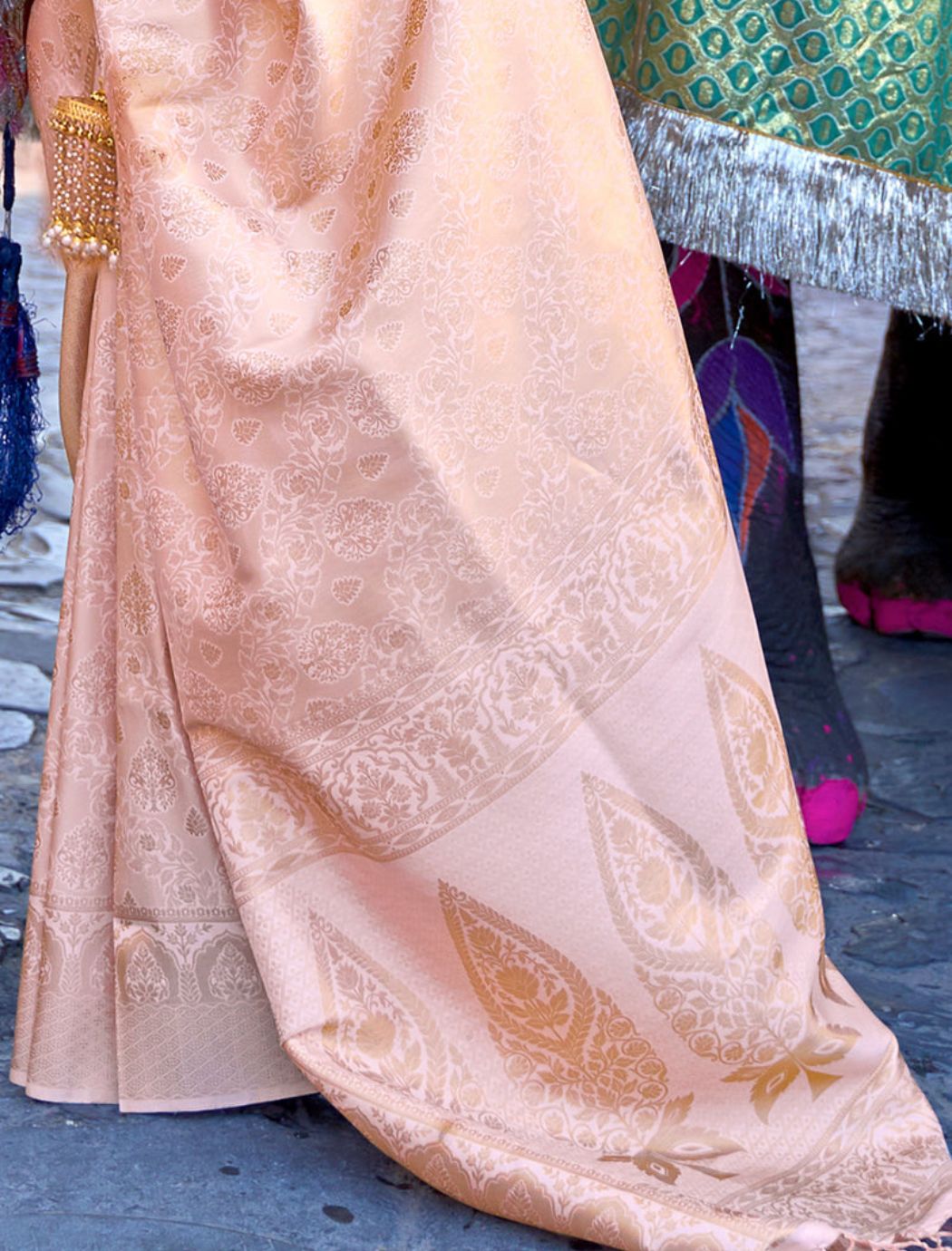 Aditi Peach Traditional Silk Saree With Attached Blouse