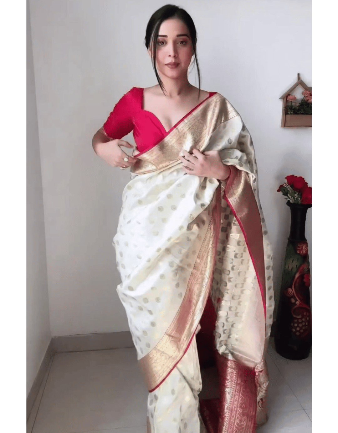 Rihana White Litchi Silk Ready to Wear Saree