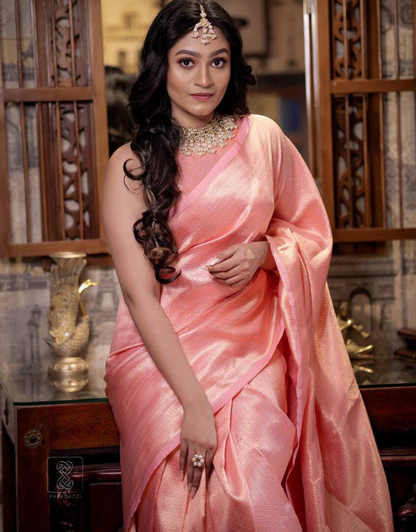 Shara Peach Banarasi Soft Silk Saree