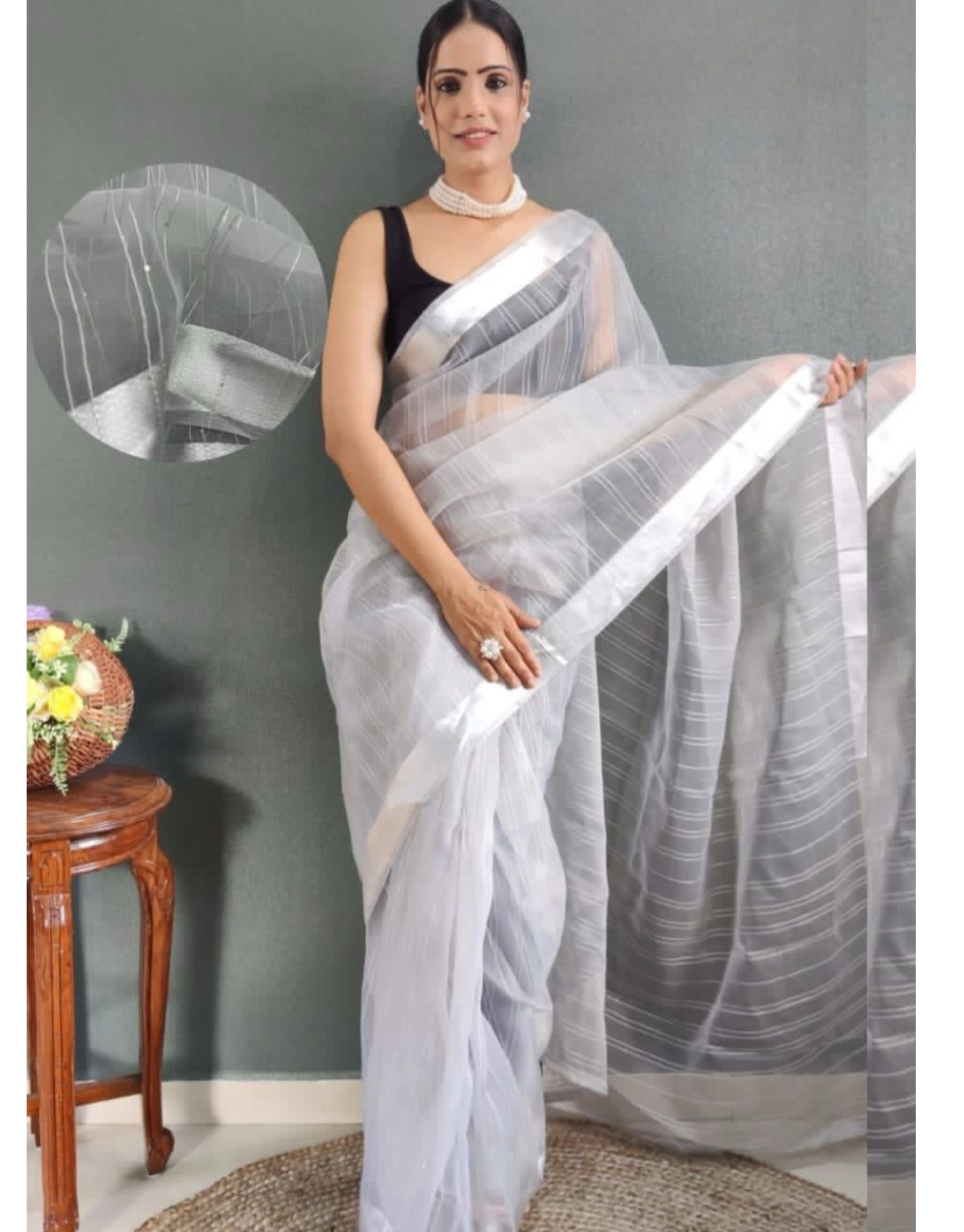 Meena Grey Ready To Wear Organza Saree