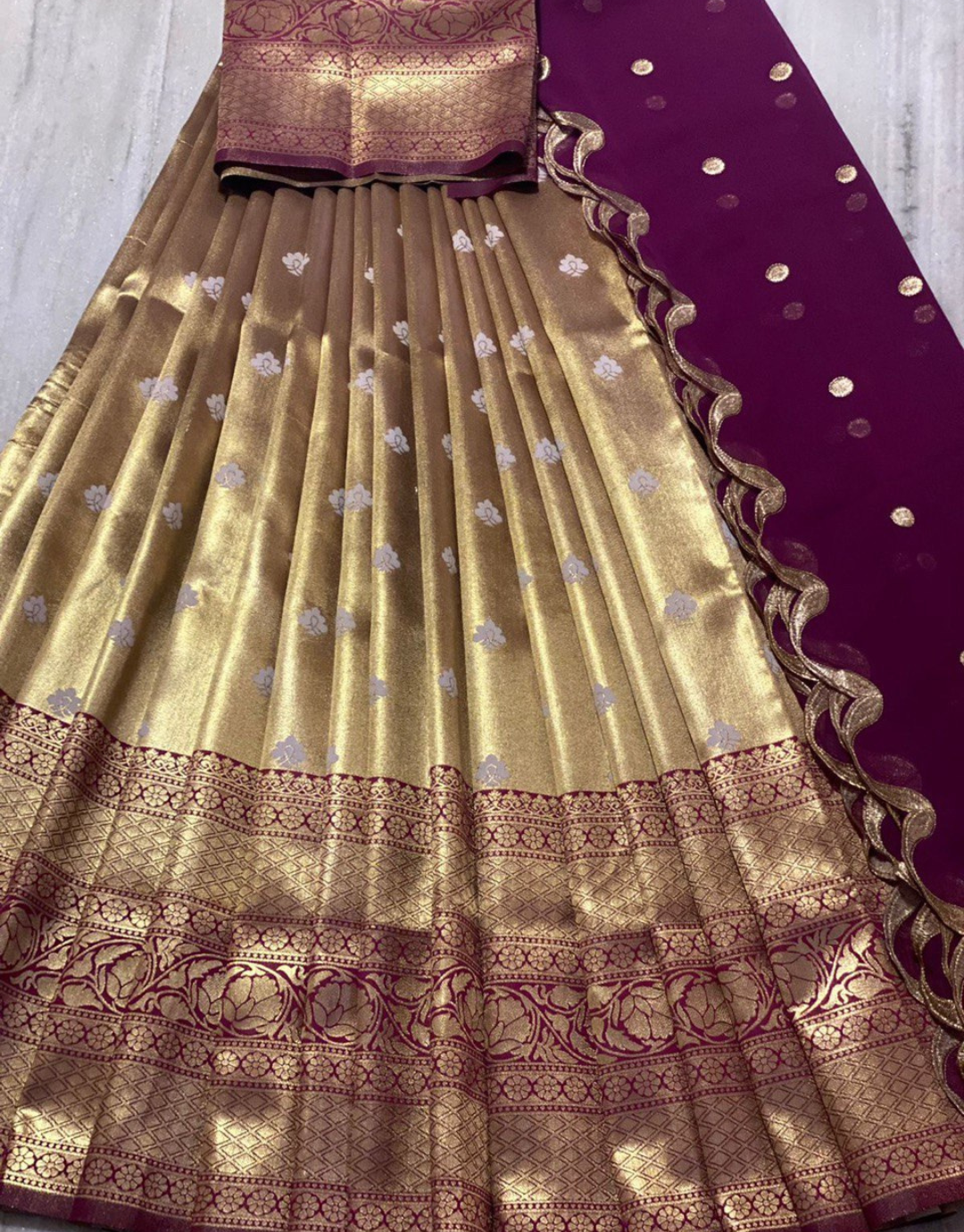 Ishita Beige Kanchipuram Silk Lahenghas With Wine Dupatta