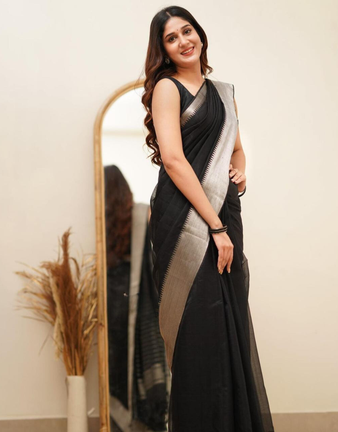 Fyona Coal Black Linen Cotton Saree