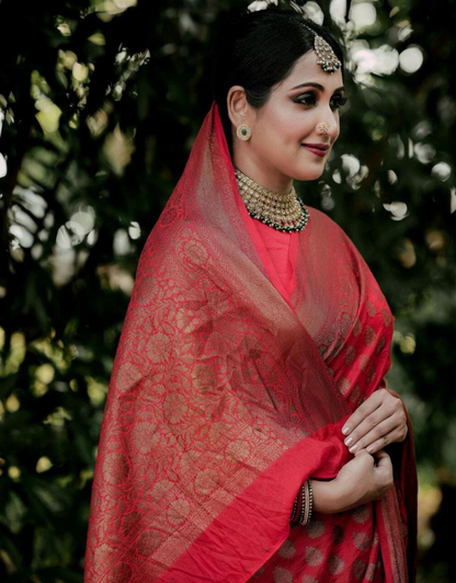 Reema Red Soft Banarasi Silk Saree With Attached Blouse